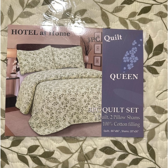 HOTEL at Home 3 PC  QUEEN QUILT SET green leaf floral - Picture 2 of 6